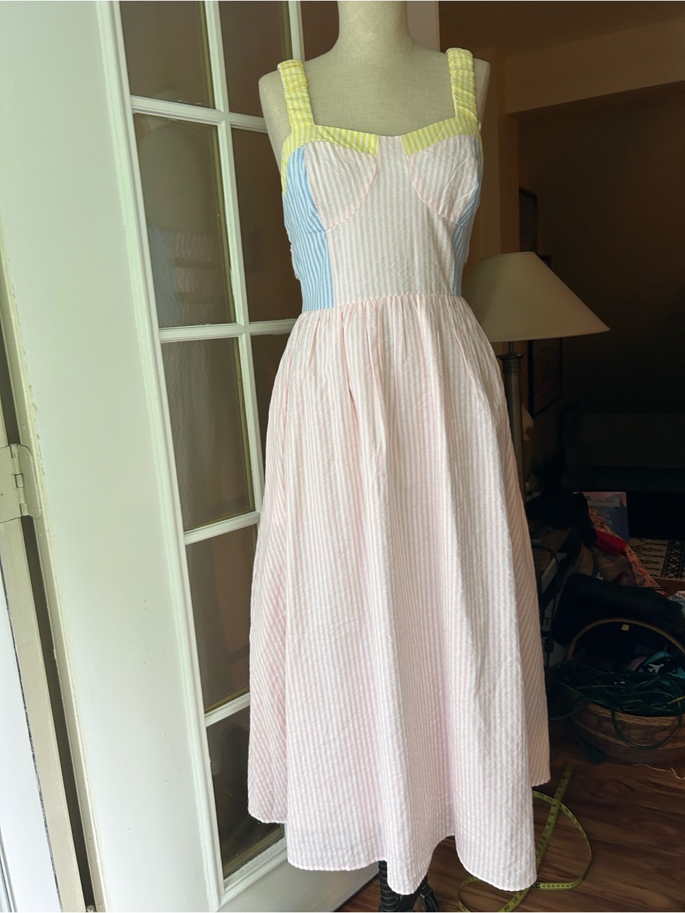 English Factory pink, yellow, & blue, seersucker dress. Small.